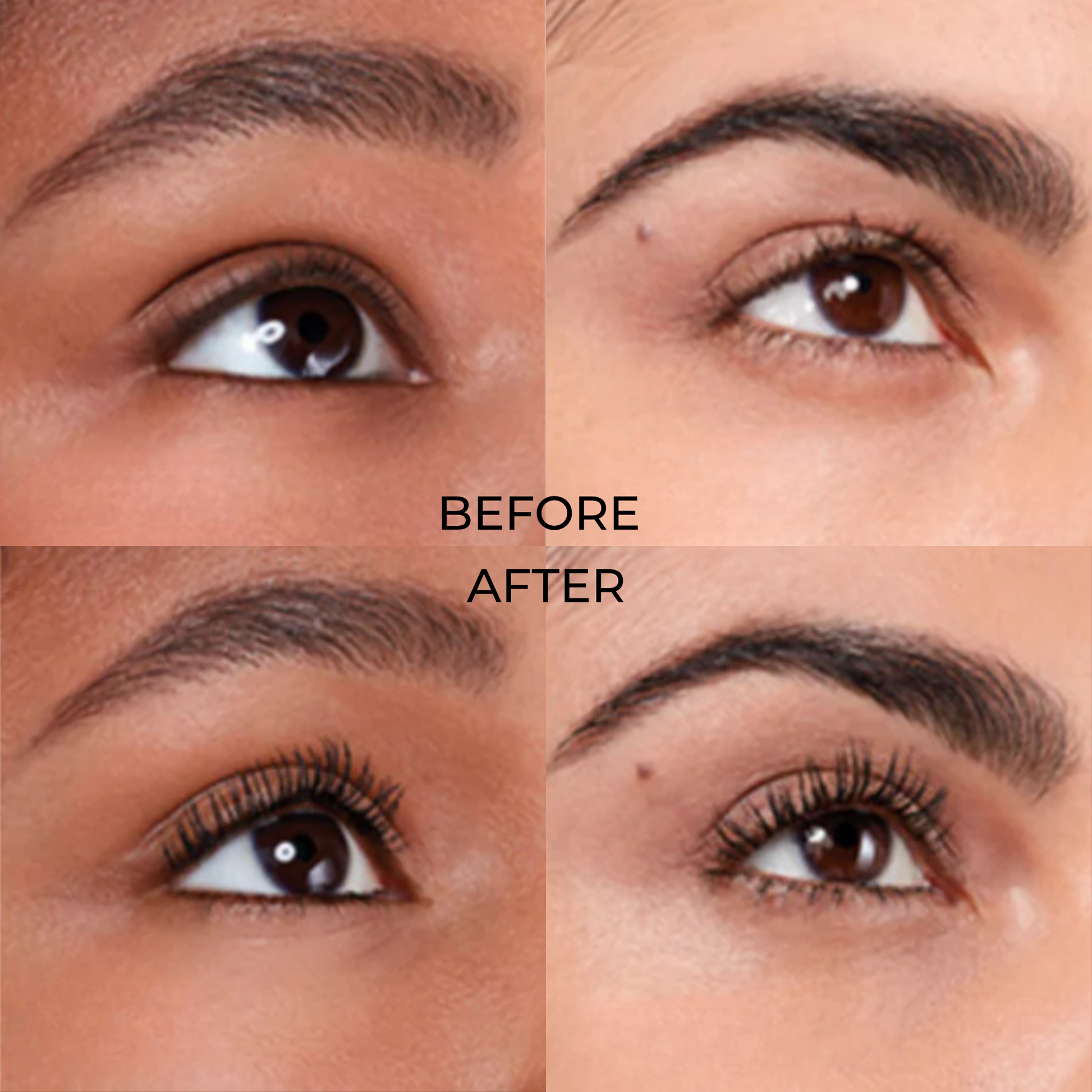 Close-up of eyes showing lash definition before and after applying MAELEI mascara